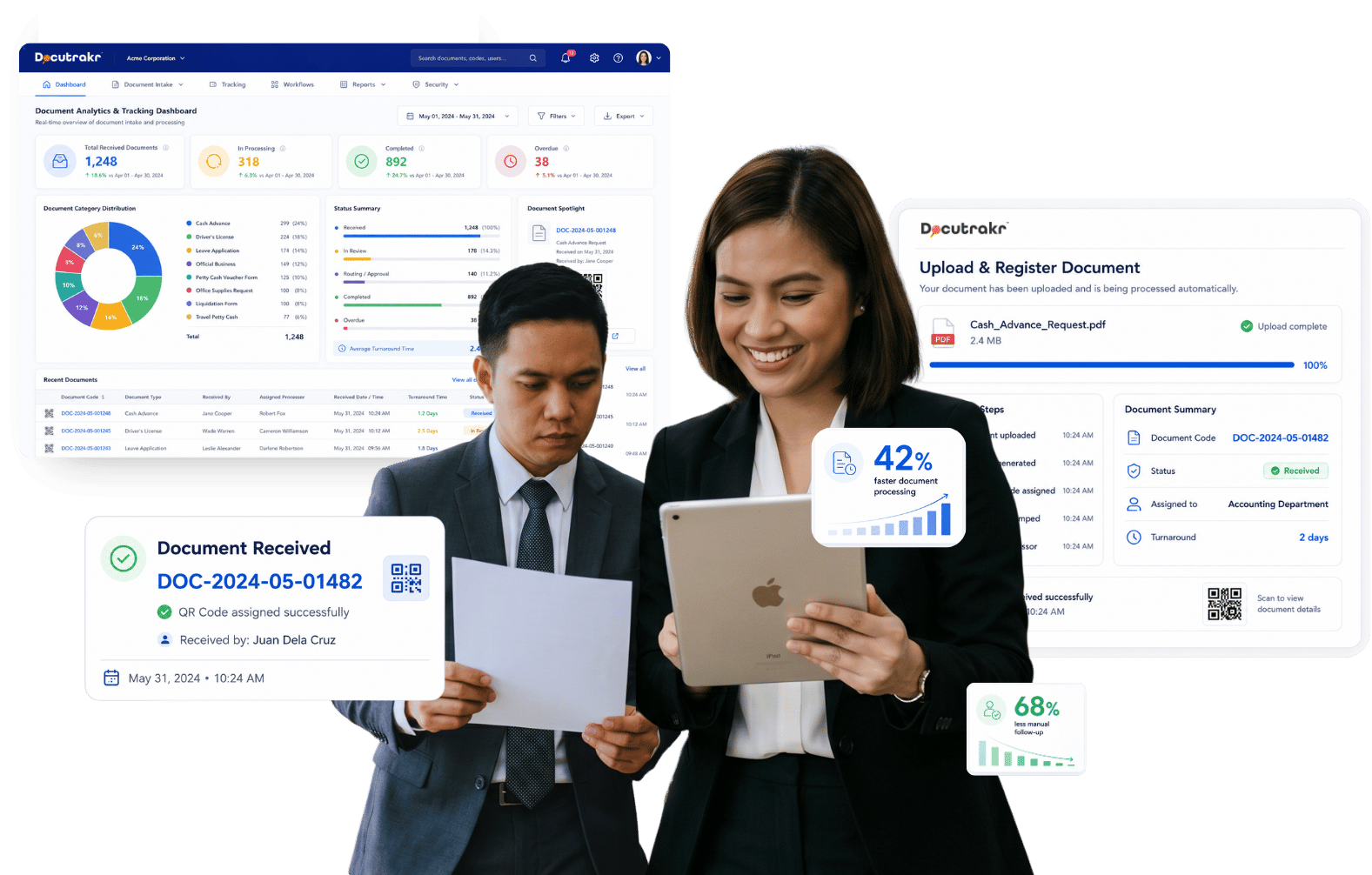 Docutrakr dashboard with QR code document tracking