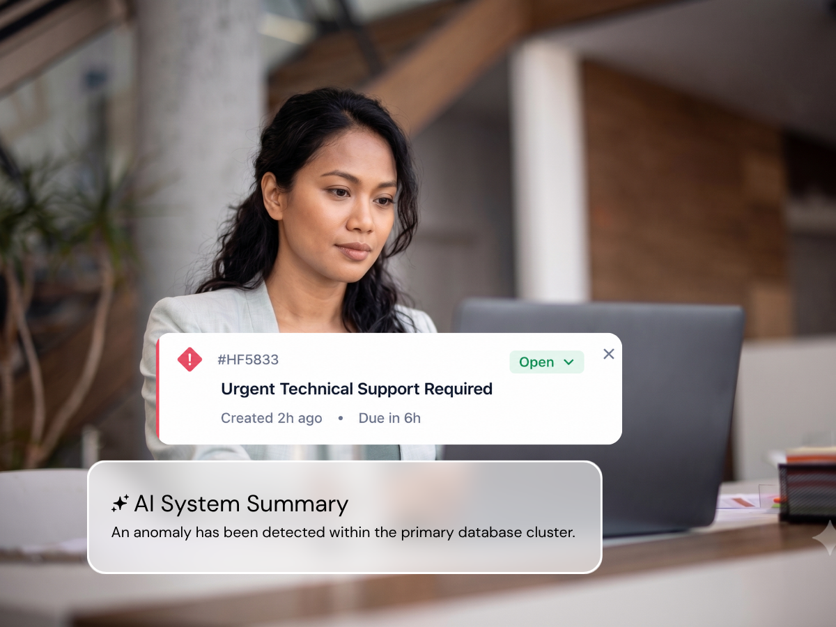 HelpDesk ticket detail with AI system summary