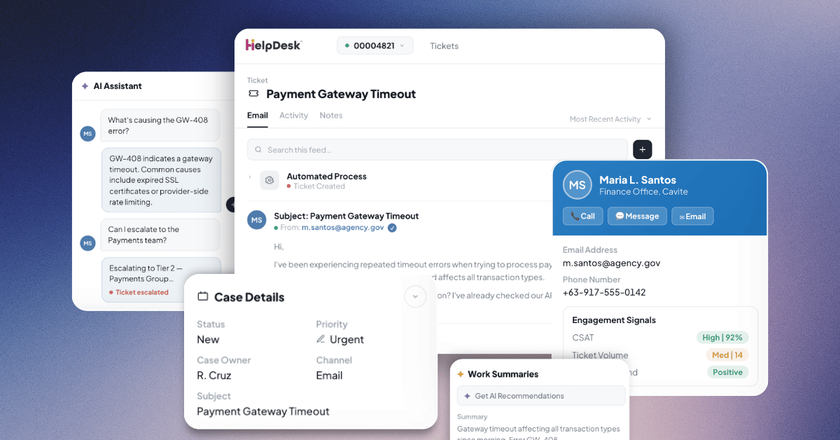 HelpDesk dashboard preview showing ticket detail, AI assistant, case details, and engagement signals