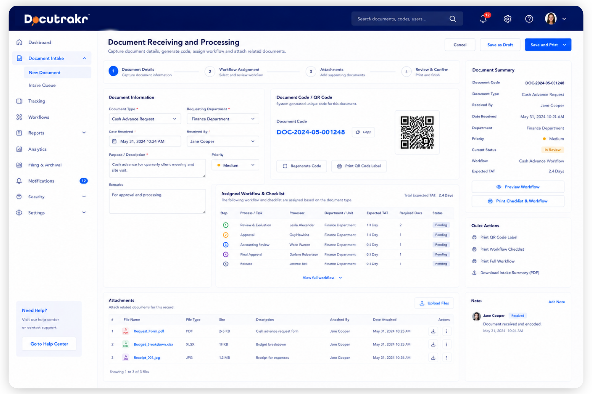 Document Receiving and Processing — Docutrakr UI screenshot