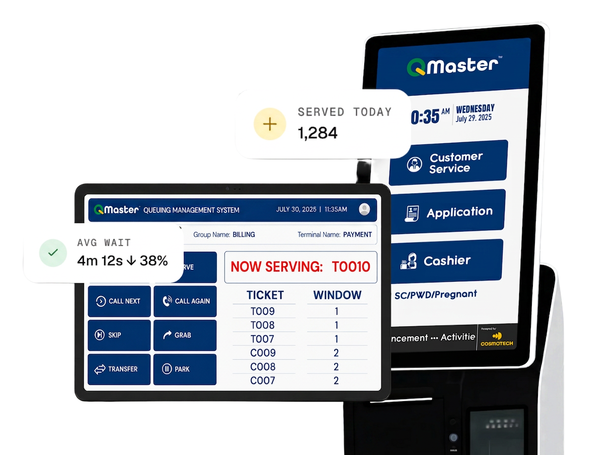 QMaster queue management system showing kiosk and teller console