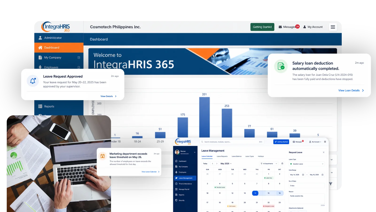 IntegraHRIS 365 dashboard with setup wizard shown on a MacBook Pro